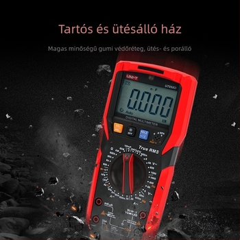 UT89X nagy pontosságú digitális multiméter; kézi kivitel, professzionális használatra; DC/AC feszültség 0,1 mV–1000 V; DC/AC áram akár 20 A-ig; kapacitás 1 pF–100 mF; adatmegőrzés, automatikus tartomány