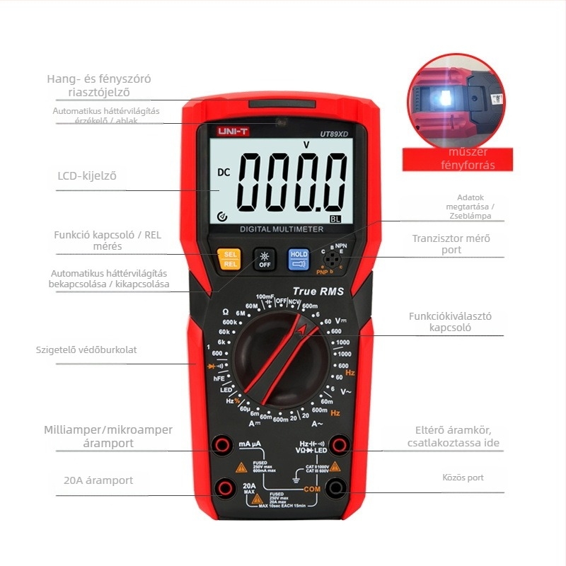 UT89X nagy pontosságú digitális multiméter; kézi kivitel, professzionális használatra; DC/AC feszültség 0,1 mV–1000 V; DC/AC áram akár 20 A-ig; kapacitás 1 pF–100 mF; adatmegőrzés, automatikus tartomány