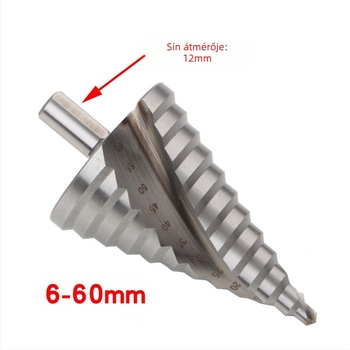 Lépcsőzetes fúró spirál hornyokkal, pagoda stílusú, modell 4241 háromszög alakú nyél, HSS, teljes hossz 110 mm, csúcsszög 86°