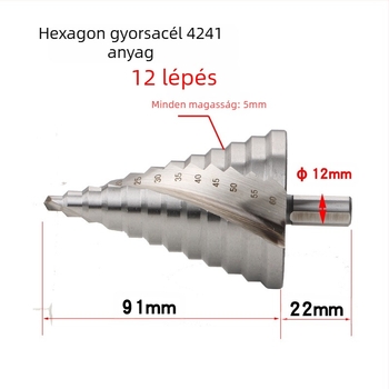 Lépcsőzetes fúró spirál hornyokkal, pagoda stílusú, modell 4241 háromszög alakú nyél, HSS, teljes hossz 110 mm, csúcsszög 86°