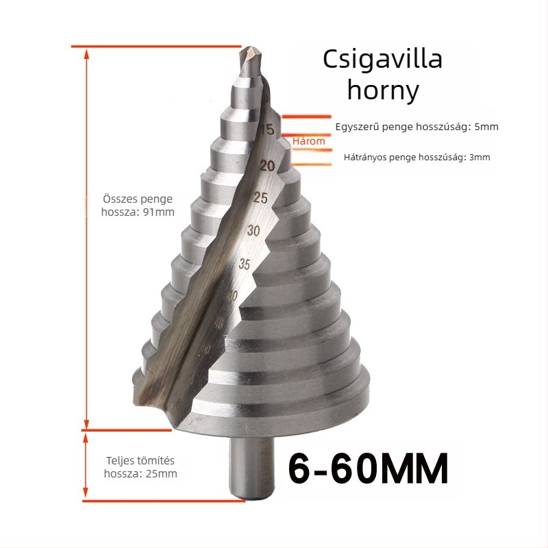 Lépcsőzetes fúró spirál hornyokkal, pagoda stílusú, modell 4241 háromszög alakú nyél, HSS, teljes hossz 110 mm, csúcsszög 86°