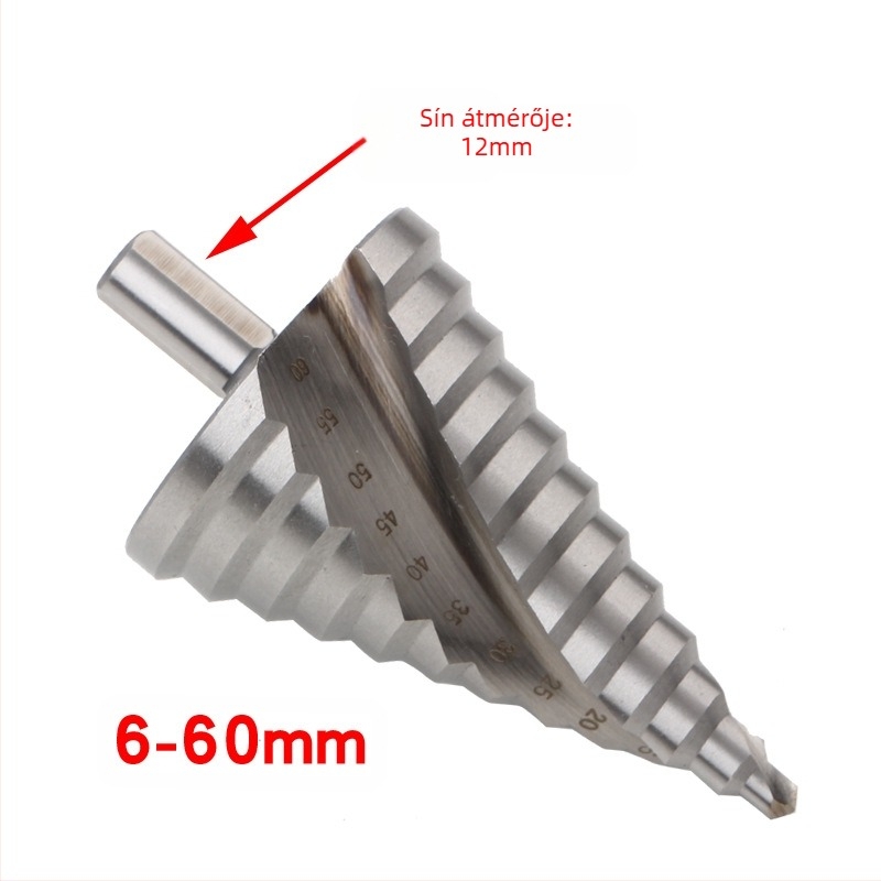 Lépcsőzetes fúró spirál hornyokkal, pagoda stílusú, modell 4241 háromszög alakú nyél, HSS, teljes hossz 110 mm, csúcsszög 86°