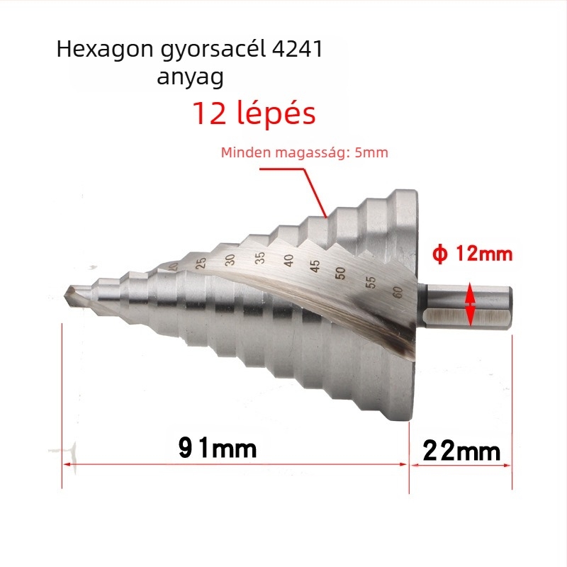 Lépcsőzetes fúró spirál hornyokkal, pagoda stílusú, modell 4241 háromszög alakú nyél, HSS, teljes hossz 110 mm, csúcsszög 86°