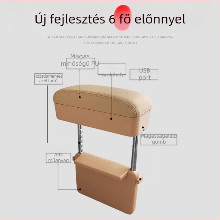 Autókartámasz tároló doboz, bőr, vezeték nélküli töltés, ülés közti részen tároló