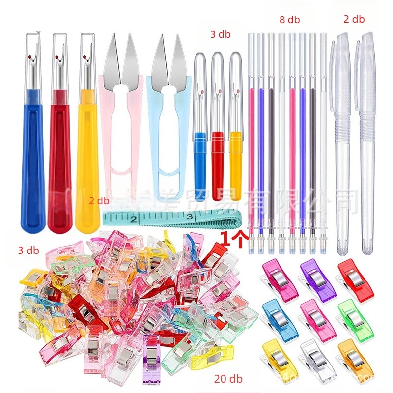 Varrókészlet: nagy és kicsi fonal-eltávolító kés, magas hőmérsékletű töltő, U-alakú olló, műanyag hajtásklipsz, mérőszalag