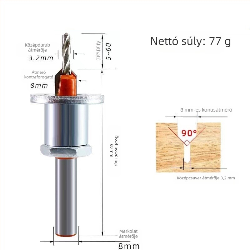 Ötvözött faipari lépcsőzetes fúró, kúpos nyílású és behúzott csavarfej