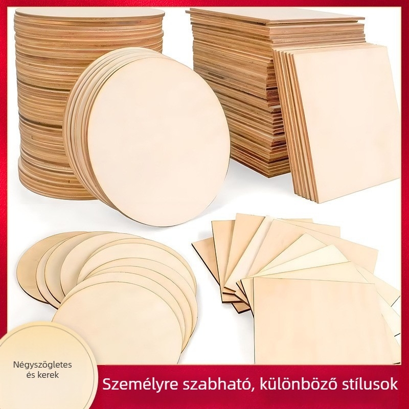 Kézzel készített mahagóni fából készült dekoráció — kör- és négyszögletes fa szeletek, kézzel festett és pirográfiával díszített, személyre szabható