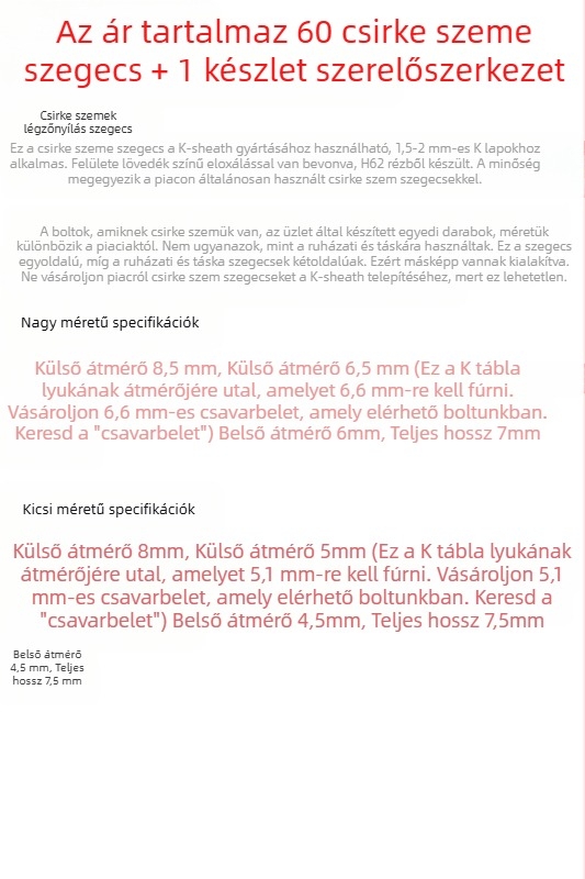 Szegecs készlet KYDEX kés tökéhez, acél szegecsek, modell 545, általános hardverhasználatra (Márka: Other)