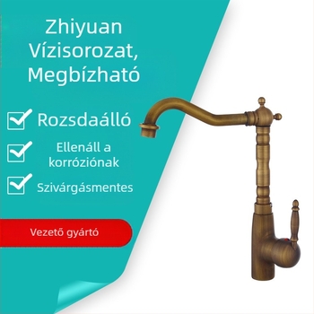 Teljesen rézből készült, európai stílusú antik mosdócsaptelep forgó kifolyóval, asztalra és alá szerelhető mosdóhoz (Anyag: réz; Funkció: keverőcsap; Telepítés: asztali / alul; Csatlakozócső átmérője: 6; Szelep ülésének átmérője: 5)