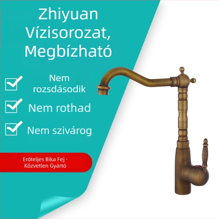 Teljesen rézből készült, európai stílusú antik mosdócsaptelep forgó kifolyóval, asztalra és alá szerelhető mosdóhoz (Anyag: réz; Funkció: keverőcsap; Telepítés: asztali / alul; Csatlakozócső átmérője: 6; Szelep ülésének átmérője: 5)