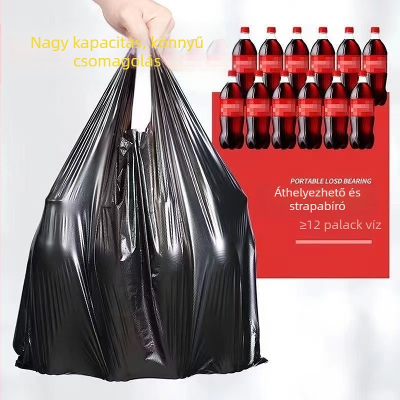 Egyszer használatos szemeteszsákok, fekete, mellény-stílusú, háztartási használatra, konyha és kollégium részére, vastagított és tartós, HDPE, 10 000 darab