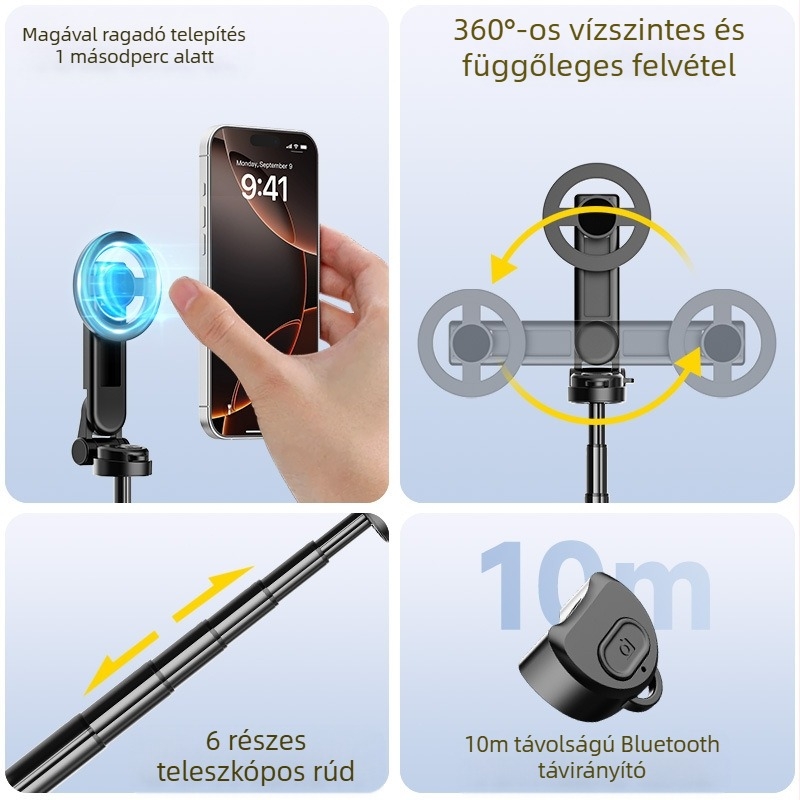 Mágneses Bluetooth-szelfi pálca, teleszkópos kar, MagSafe fogantyú, ötvözet test