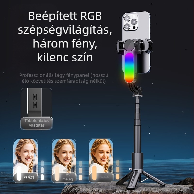 Q33 RGB Mini Selfie Stick Stabilizátorral, Kihúzható, RGB Fény, Bluetooth Távirányító, Mobiltelefonhoz Tripod