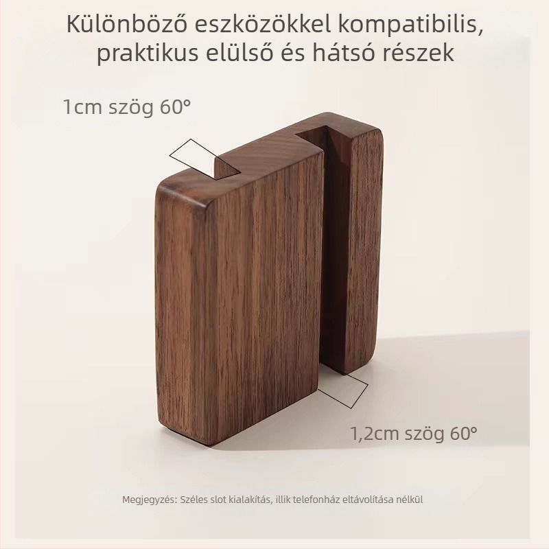 Diófa és bükkfa mobiltelefon-tartó, tömörfa alap, gravírozási lehetőség logóval, modern minimalist stílus