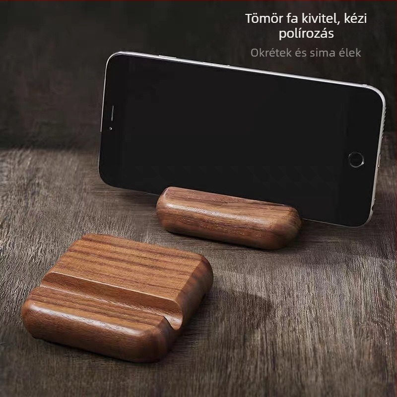 Diófa és bükkfa mobiltelefon-tartó, tömörfa alap, gravírozási lehetőség logóval, modern minimalist stílus