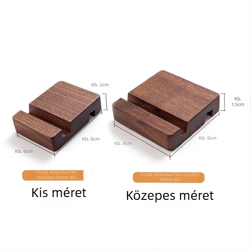 Diófa és bükkfa mobiltelefon-tartó, tömörfa alap, gravírozási lehetőség logóval, modern minimalist stílus