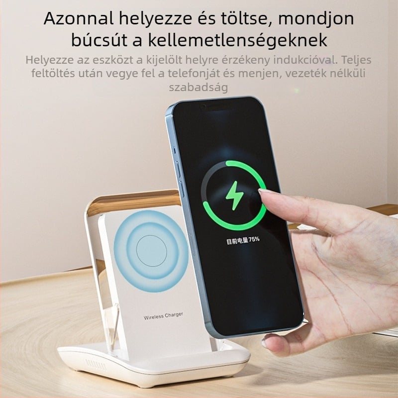 Vezeték nélküli töltő 15W, mágneses igazítás, 65W gyors töltés, QC3.0 protokoll, függőleges asztali állvány