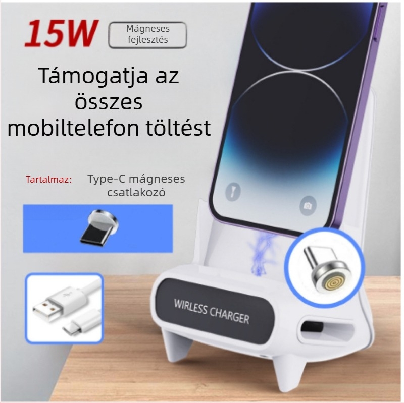 Telefonhoz vezeték nélküli töltőállvány – vízszintes elrendezésű, 15W gyors töltés (QC3.0), 5V/2A vagy 9V/2A