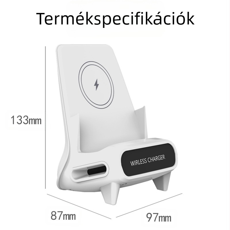 Telefonhoz vezeték nélküli töltőállvány – vízszintes elrendezésű, 15W gyors töltés (QC3.0), 5V/2A vagy 9V/2A