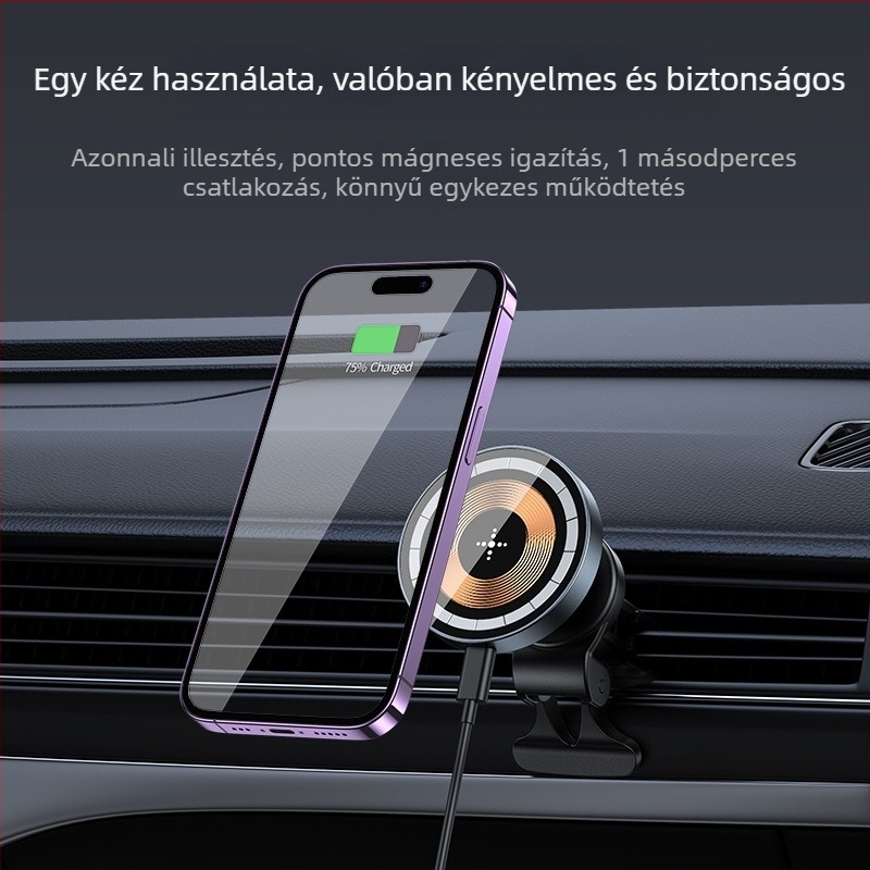 Autóba szerelhető mágneses vezeték nélküli töltő tartó 360°-os forgatható légkivezetéshez, 15W gyors töltés iPhone számára