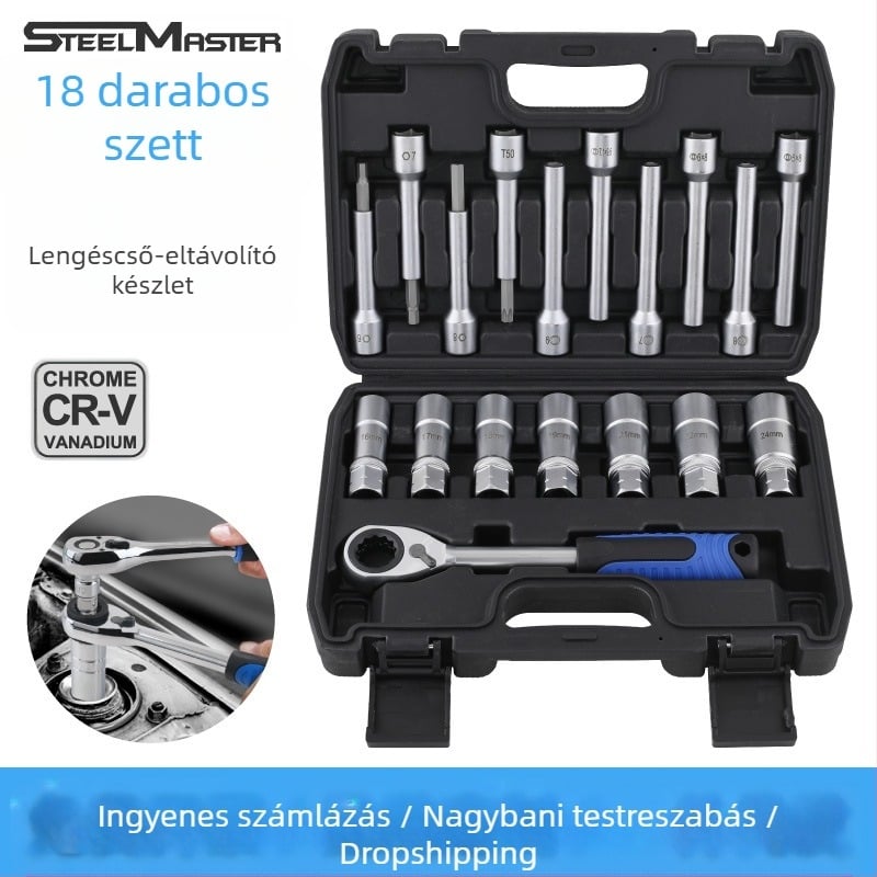 18 részes lengéscsillapító szerszámkészlet, króm-vanádium acélból, elektroplattolt felülettel