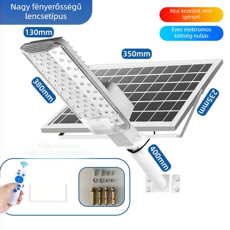 Napelemes kültéri ívelt utcai lámpa, modell A10, 74 LED, 1000 lm, 6500K, IP66