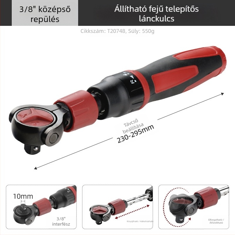 Hi-Spec állítható fejű racsnis kulcs teleszkópos fejjel, 3/8 hüvelykes négyzetes csatlakozó, króm-vanádium acél, fekete felület, Imperial formátum, ipari osztály