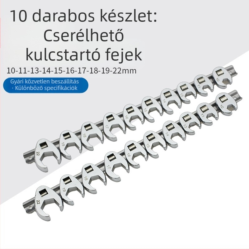 Cserélhető fejű tekerőkulcs, nyitott végű, L-alakú kivitel, krómozott szénacél, polírozott felület