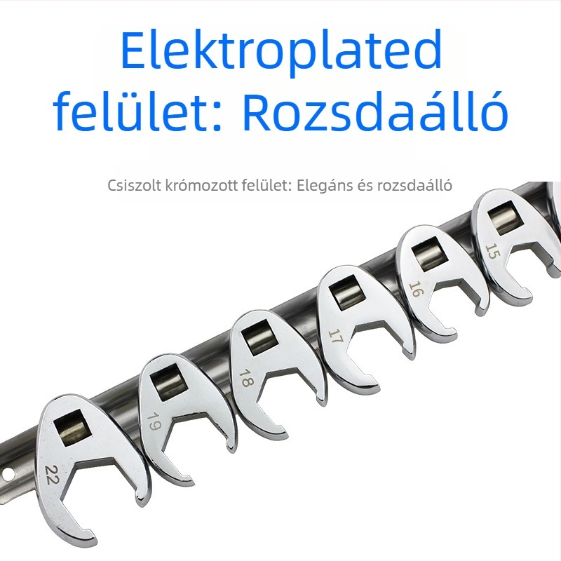 Cserélhető fejű tekerőkulcs, nyitott végű, L-alakú kivitel, krómozott szénacél, polírozott felület