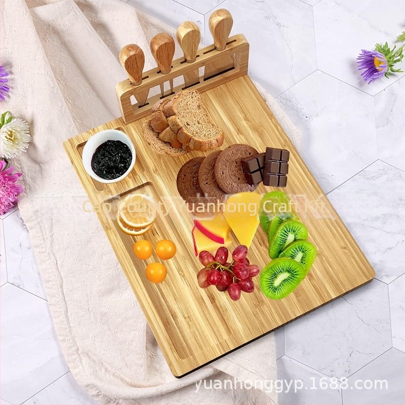 Bambusz sajttál készlet — kettős oldalú tálaló és vágódeszka, otthoni használatra, modern minimalist stílus
