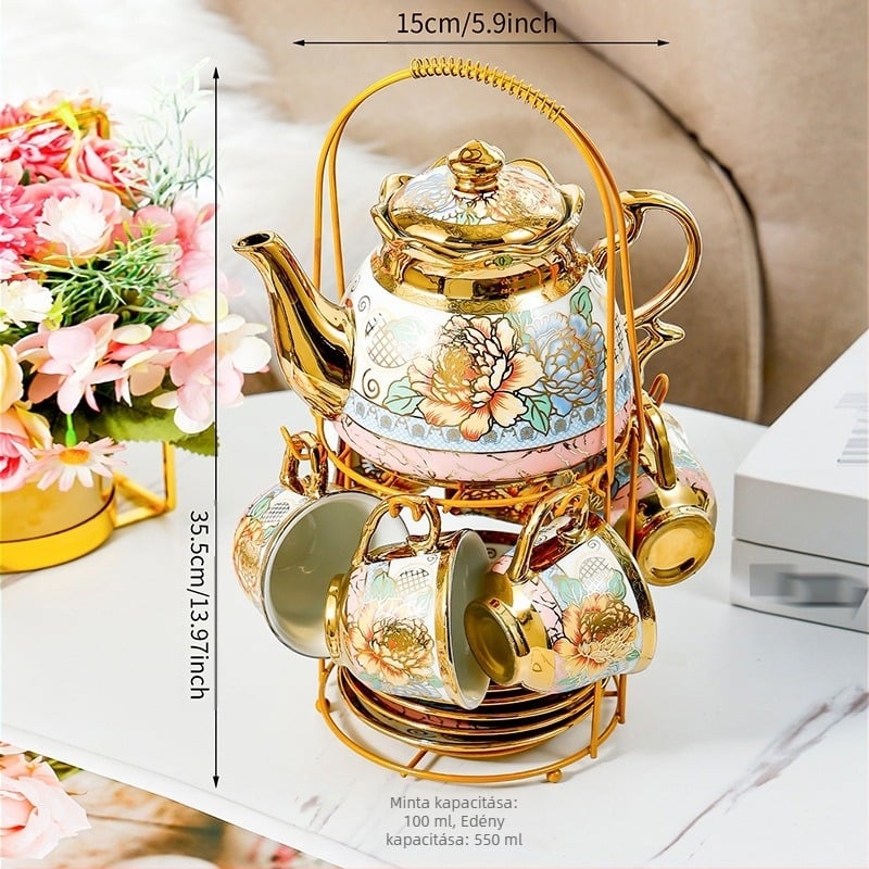 Kerámia kávés készlet, északi modern minimalist stílus, virágos mintázat, elektroplattált felület, tálcás csomagolás