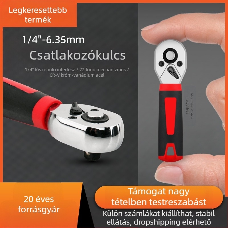 Korszakulcs csatlakozó, kétirányú 72-fogú ratchet, nagy nyomaték, rövid markolat (Márka: Hi character ma; Anyag: króm-vanádium acél; Felület: elektroplakálás; Típus: socket kulcs)