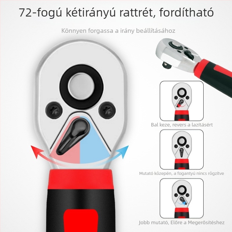 Korszakulcs csatlakozó, kétirányú 72-fogú ratchet, nagy nyomaték, rövid markolat (Márka: Hi character ma; Anyag: króm-vanádium acél; Felület: elektroplakálás; Típus: socket kulcs)