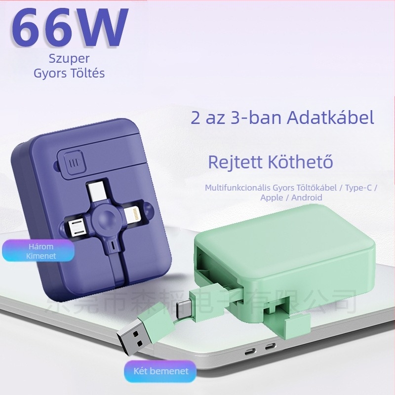 3-in-1 66W gyors töltésű adatkábel visszahúzható dizájnnal (Lightning, Micro USB, USB-C) eszközökhöz Android, iPhone és Huawei