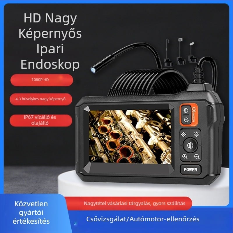 C30-M ipari cső endoszkóp 1080P, 4,3 hüvelykes LCD, IP67, 70° látómező, 8 mm-es szonda