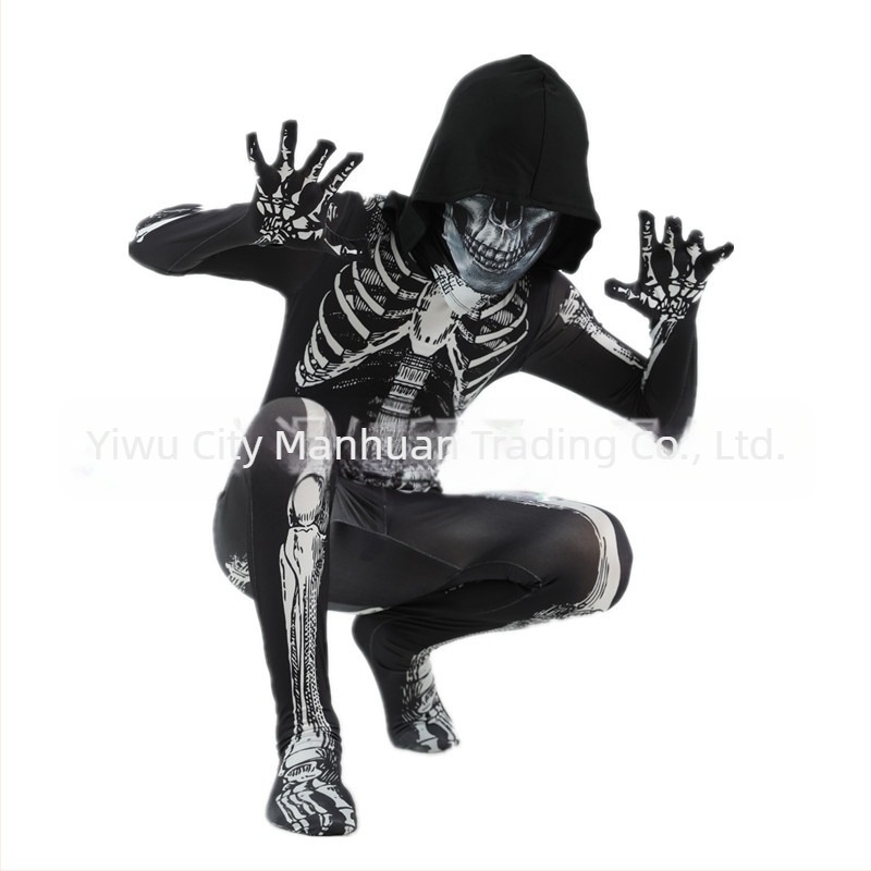 Gyerek Halloween csontváz jelmez kapucnival, nyomtatott csontváz mintával – előadásra/táncra alkalmas jelmez, Milk Silk anyag, 90–95% poliészter, 3–8 éveseknek, 2025 tavasz