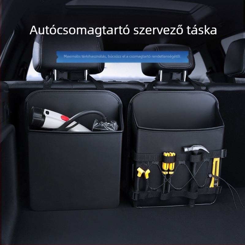 Bőr autó belső rögzítésű, felakasztható tároló doboz, 9000 ml kapacitás, a hátsó ülés háttámlájára szerelhető, vízálló, strapabíró, logó nyomással testre szabható, fogantyúval.