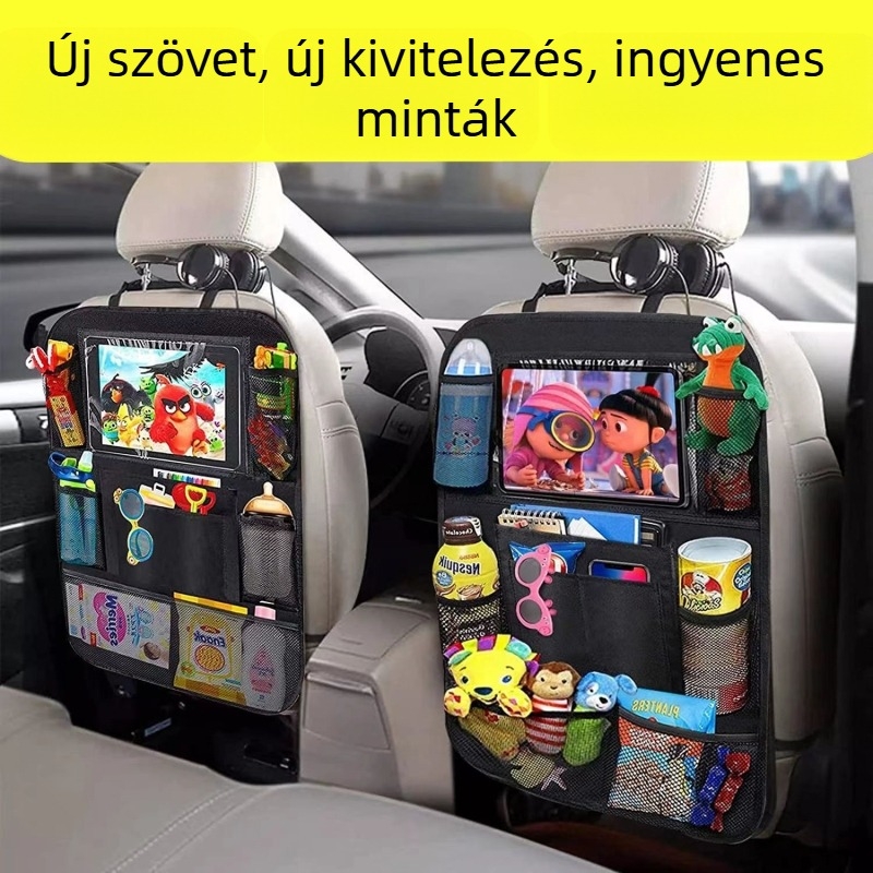 Autóülés hátuljára szerelhető, többfunkciós tárolózsák, ütésvédő párna, iPad- és játékok számára felfüggeszthető zseb
