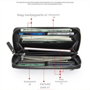 Férfi hosszú pénztárca valódi bőrből, első réteg marhabőrből, kopásálló, többfunkciós kialakítás, poliészter bélés
