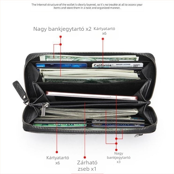 Férfi hosszú pénztárca valódi bőrből, első réteg marhabőrből, kopásálló, többfunkciós kialakítás, poliészter bélés