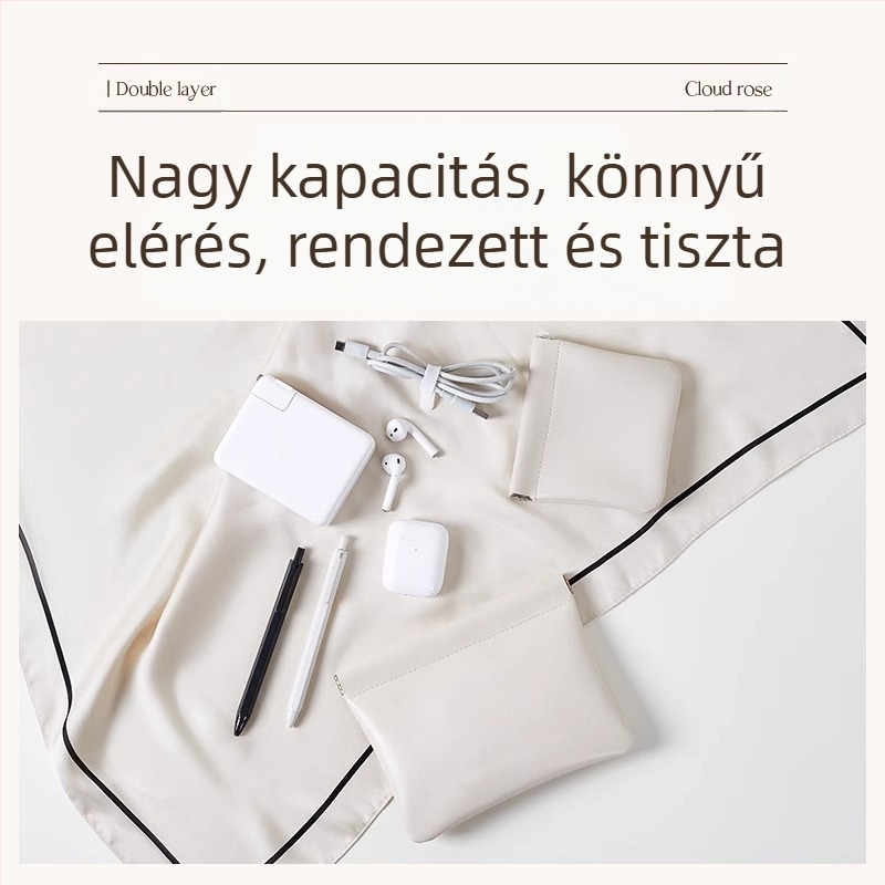 Adatkábel tároló táska automata zárással, PU külső és flanel belső, vízálló kábel szervező vezetékekhez, fülhallgatóhoz és töltőhöz
