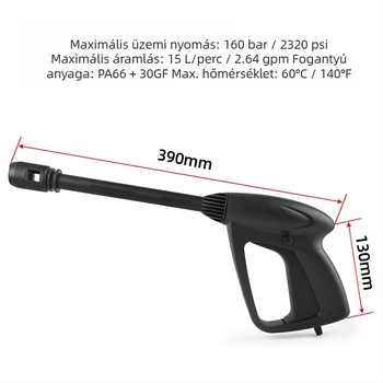 Magasnyomású vízpisztoly fogó és cső — fej és fogantyú műanyagból; kompatibilis Bosch, AR, Black Decker, Michelin mosókhoz; nyomás 140 bar / 2000 psi; tömeg 400 g