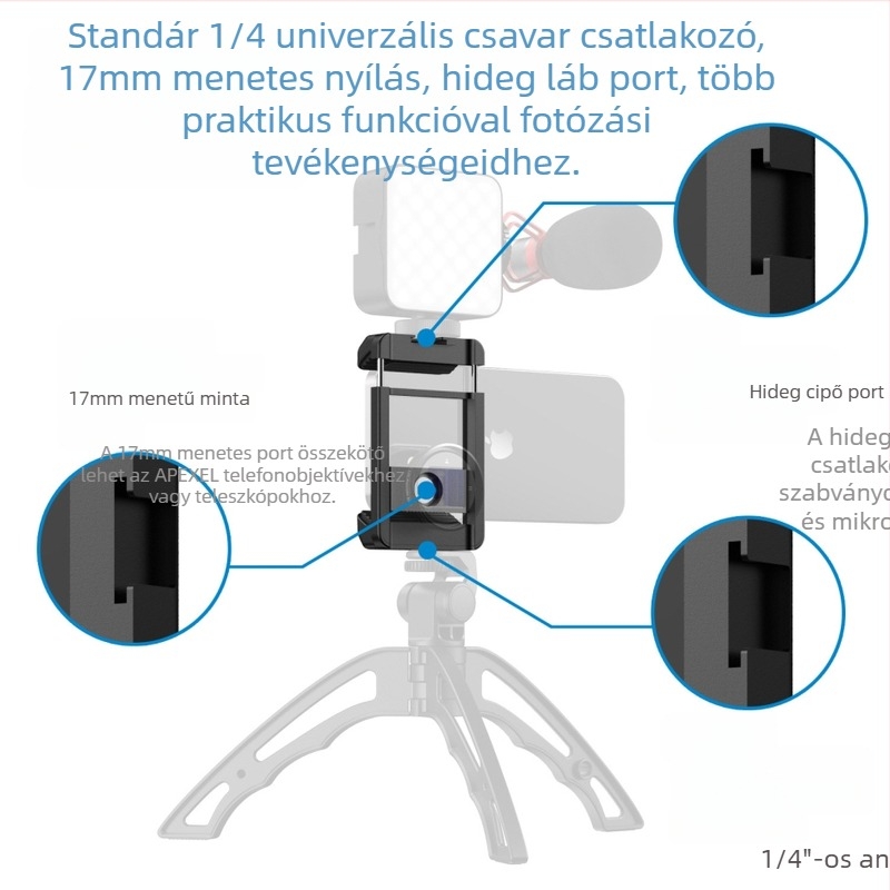 Külső mobiltelefon-objektív univerzális 17 mm interfésszel, csúszásmentes párnázott klipek, alumíniumötvözet test, állvánnyal kompatibilis