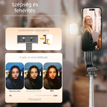 Mini Bluetoothos selfie stick távirányítóval, rozsdamentes acélból, hordozható kézben tartható, telefonklip és beépített világítás