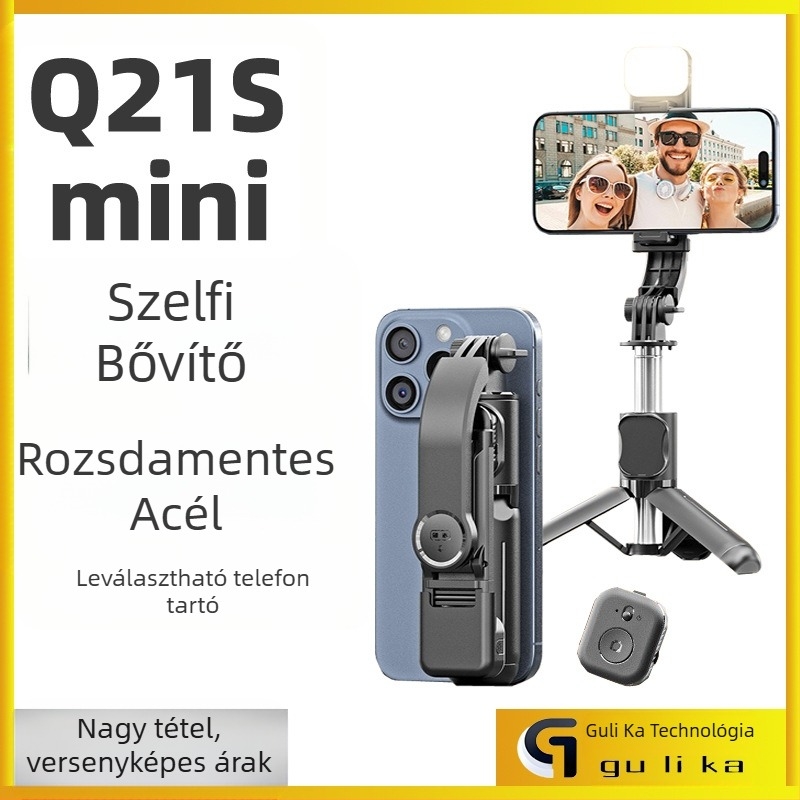 Mini Bluetoothos selfie stick távirányítóval, rozsdamentes acélból, hordozható kézben tartható, telefonklip és beépített világítás