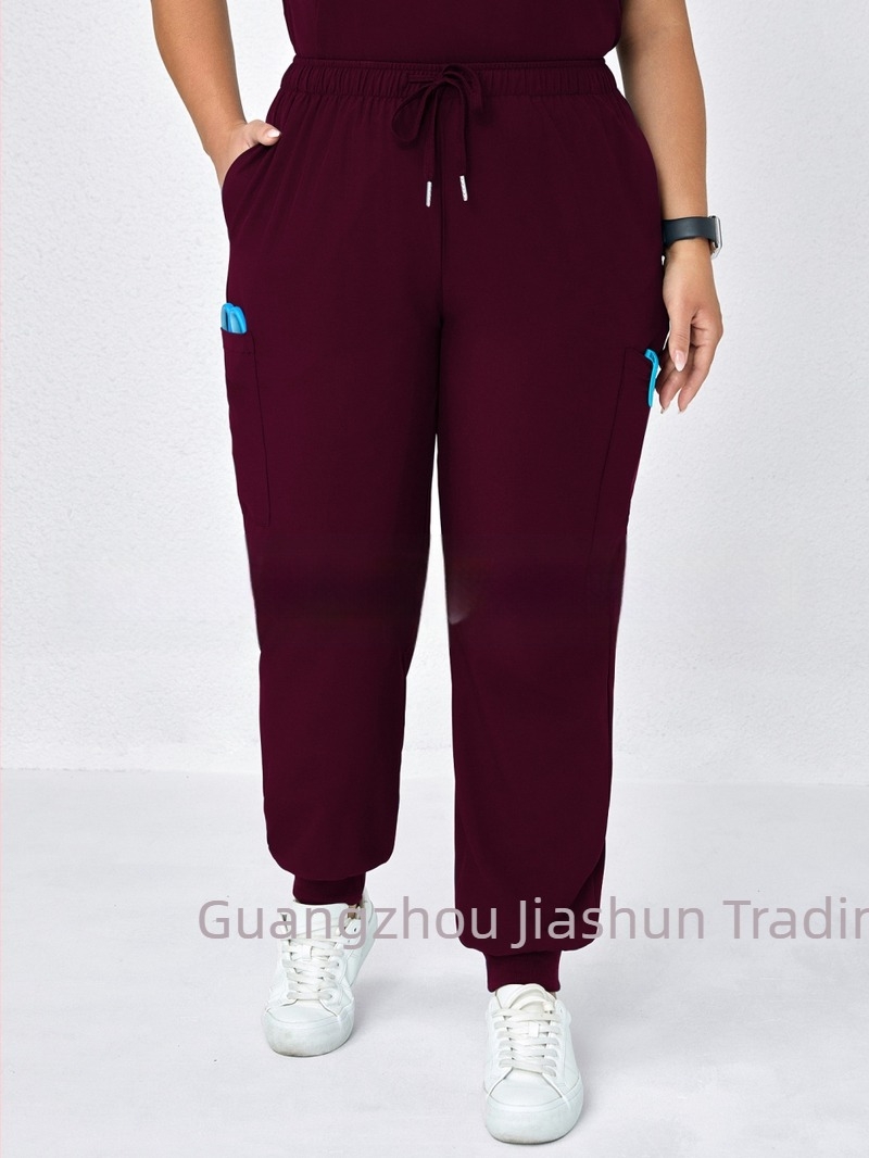 Női casual nadrág zsebekkel és elasztikus derékkal, lazább szabású, poliészter-spandex keverék, japán-koreai stílus, 2025 tavasz.