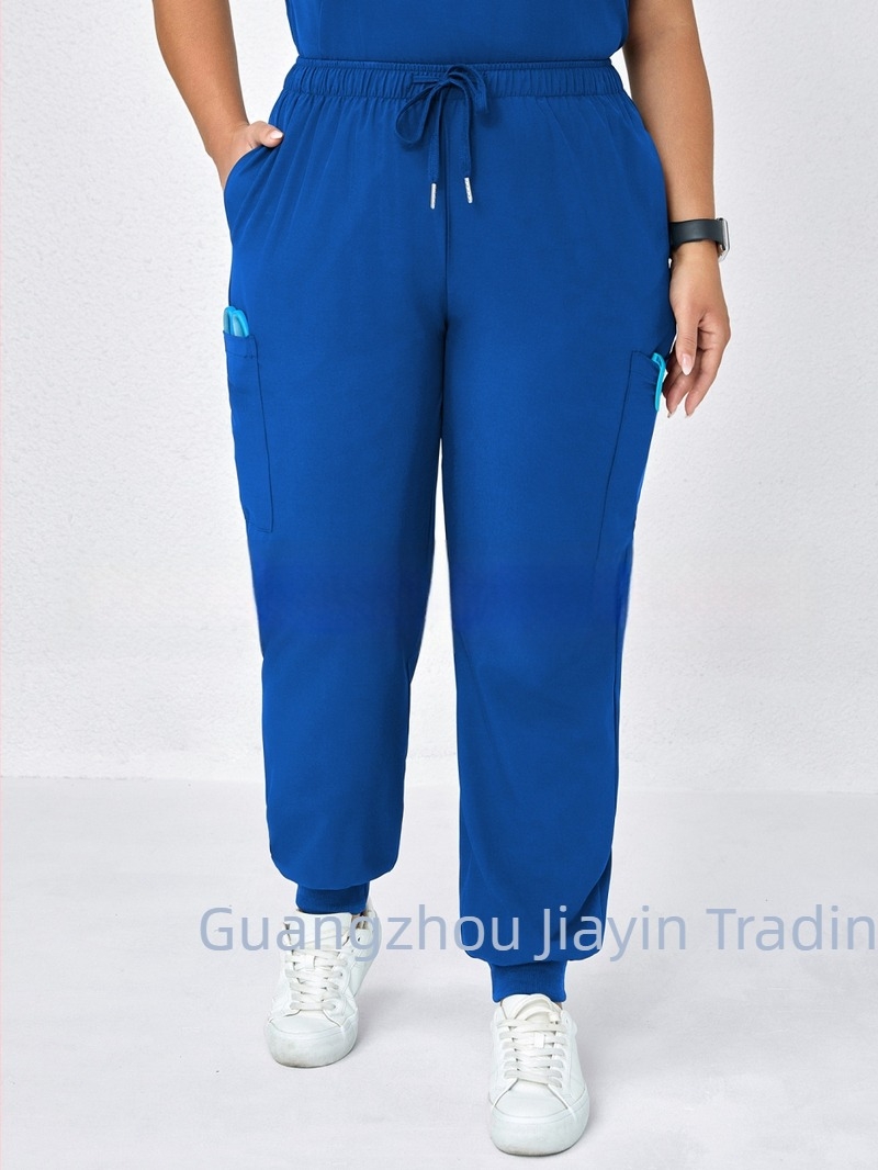 Női casual nadrág zsebekkel és elasztikus derékkal, lazább szabású, poliészter-spandex keverék, japán-koreai stílus, 2025 tavasz.