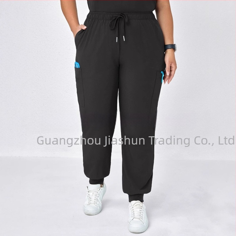 Női casual nadrág zsebekkel és elasztikus derékkal, lazább szabású, poliészter-spandex keverék, japán-koreai stílus, 2025 tavasz.