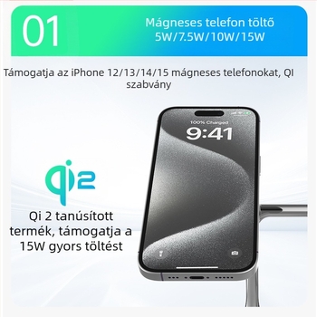 Qi2 mágneses 15W vezeték nélküli töltőállvány – 3 az 1-ben, QC3.0 gyors töltés, mágneses igazítás, 1.67A kimenet