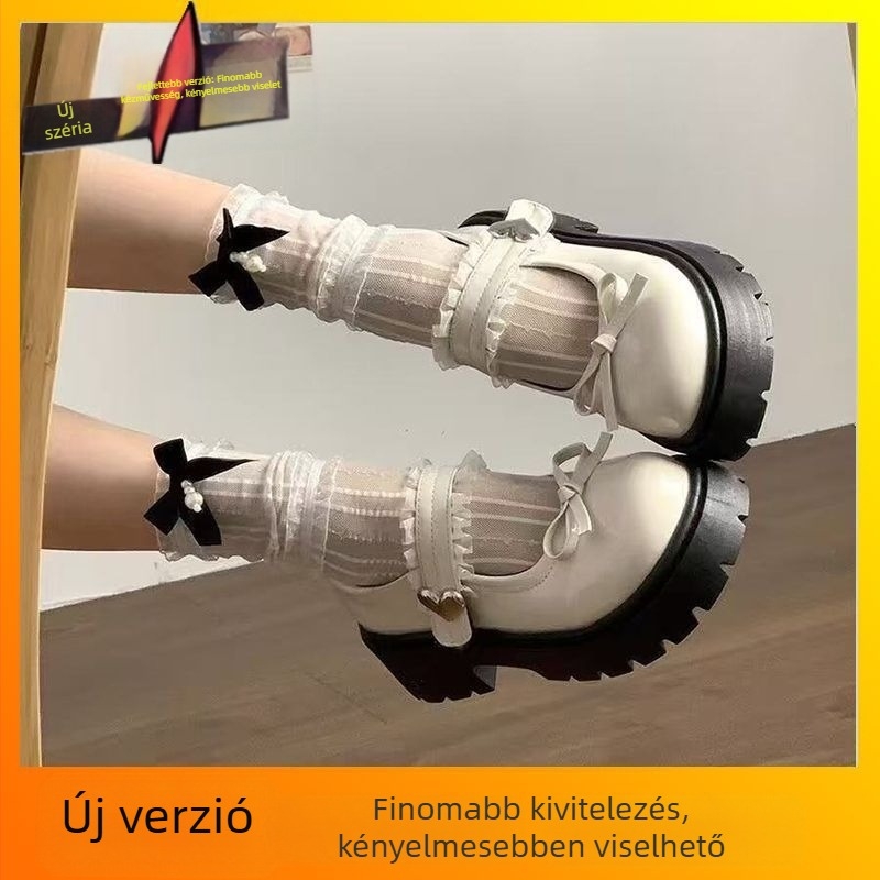 Mary Jane cipők masnis díszítéssel, kerek orrú, középmagas sarkú 3–5 cm, gumírozott talp (Felsőrész: PU; Belső: PU; Talp: PU; Stílus: koreai verzió)